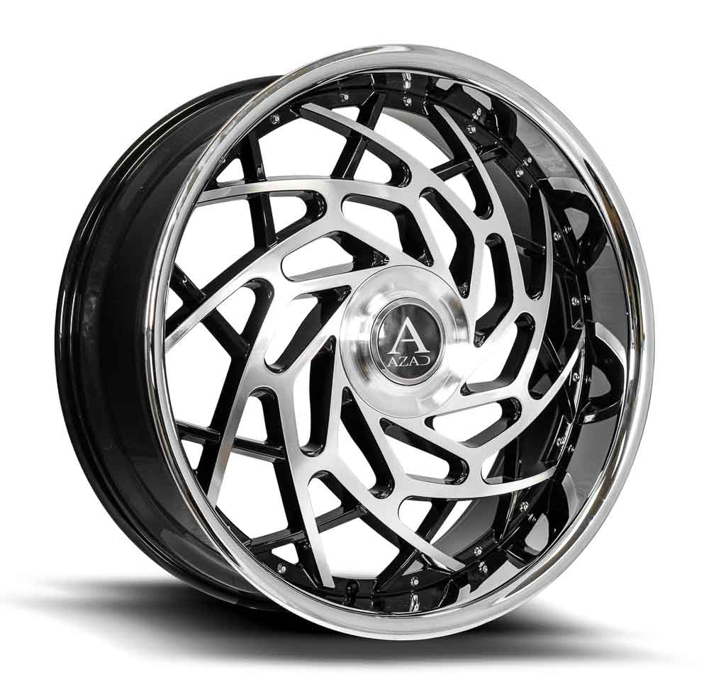 "Azad Wheels Reign Gloss Black Machined/Chrome Lip – Distinctive rims featuring a gloss black machined face with a polished chrome lip for a sleek and dynamic look