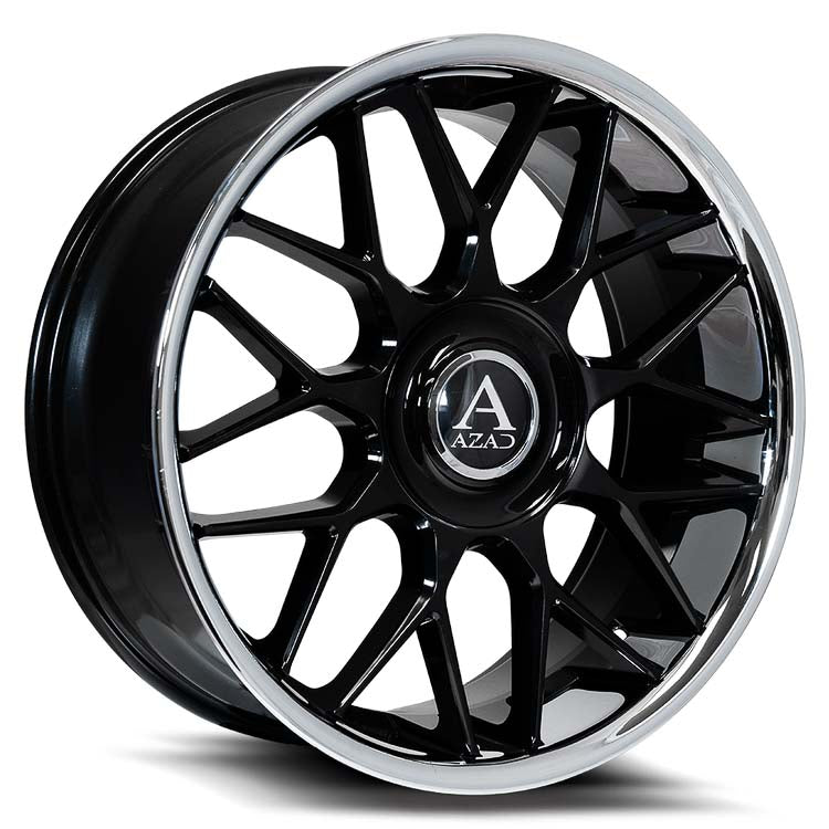 "Azad Wheels AZV02 Gloss Black/Chrome Lip – Sophisticated and eye-catching rims crafted for superior aesthetics and performance, featuring a striking two-tone finish."